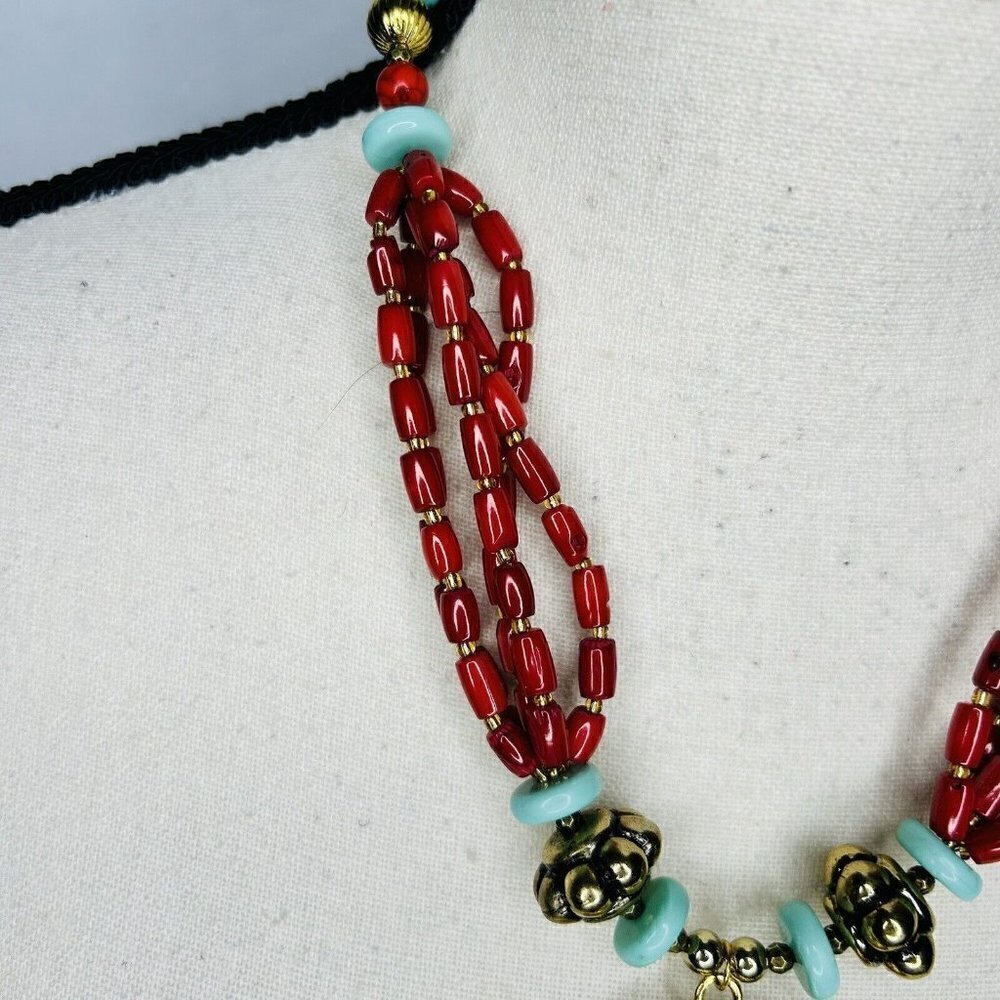 Faux Turquoise & Coral Tribal Tibetan Ethnic Pendant Necklace 19" - Picture 3 of 5